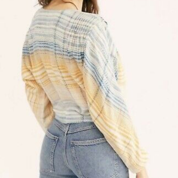 WE THE FREE people MALDIVES crop top XS blue+yellow long sleeve wrap blouse - Picture 2 of 6